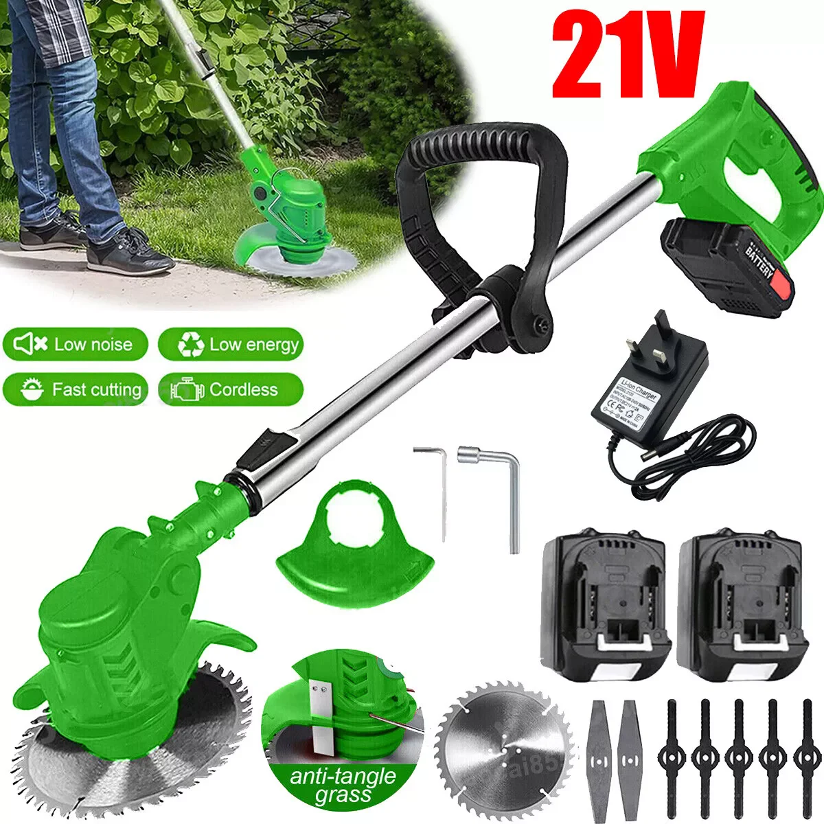 Cortadora de césped eléctrica inalámbrica de 21V, cortadora de malezas, bordeadora de jardín + 2 baterías
