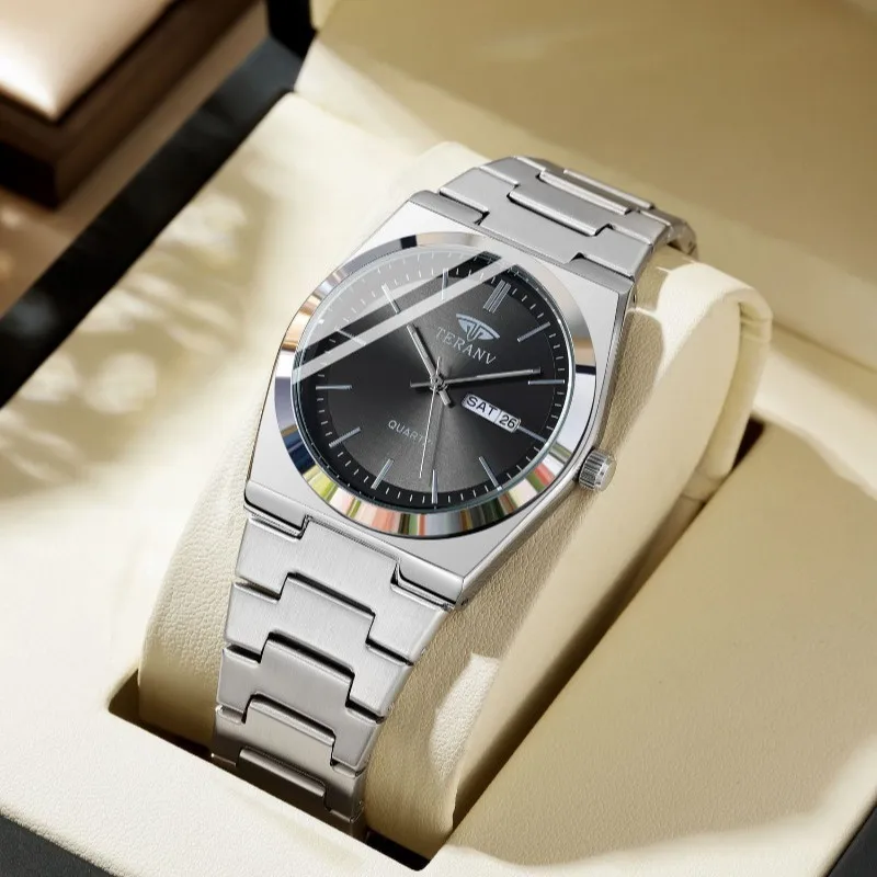 

Мужские часы, тонкие модные кварцевые часы с календарем из нержавеющей стали