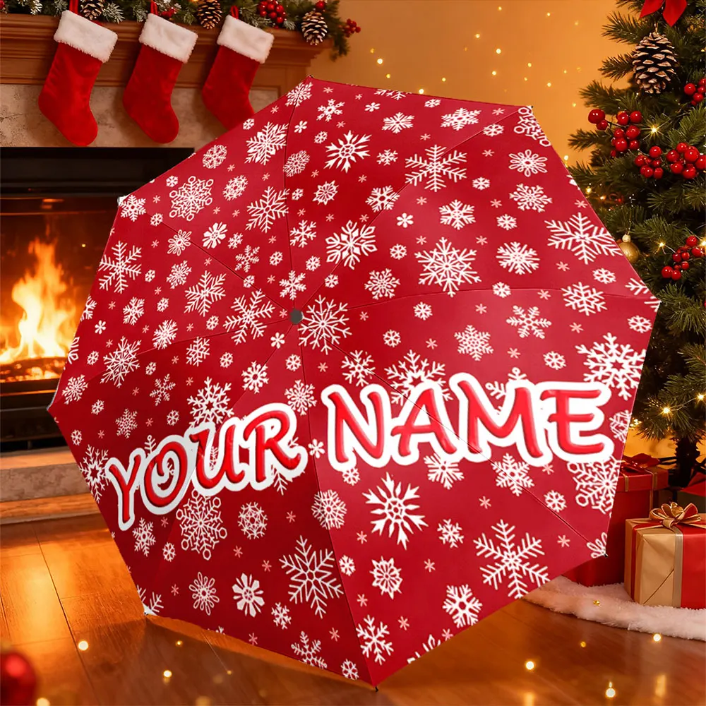 Custom Name Umbrella， Personalized Red Umbrella with Snowflake Pattern Design ,Portable Folding Umbrella, Christmas Gift