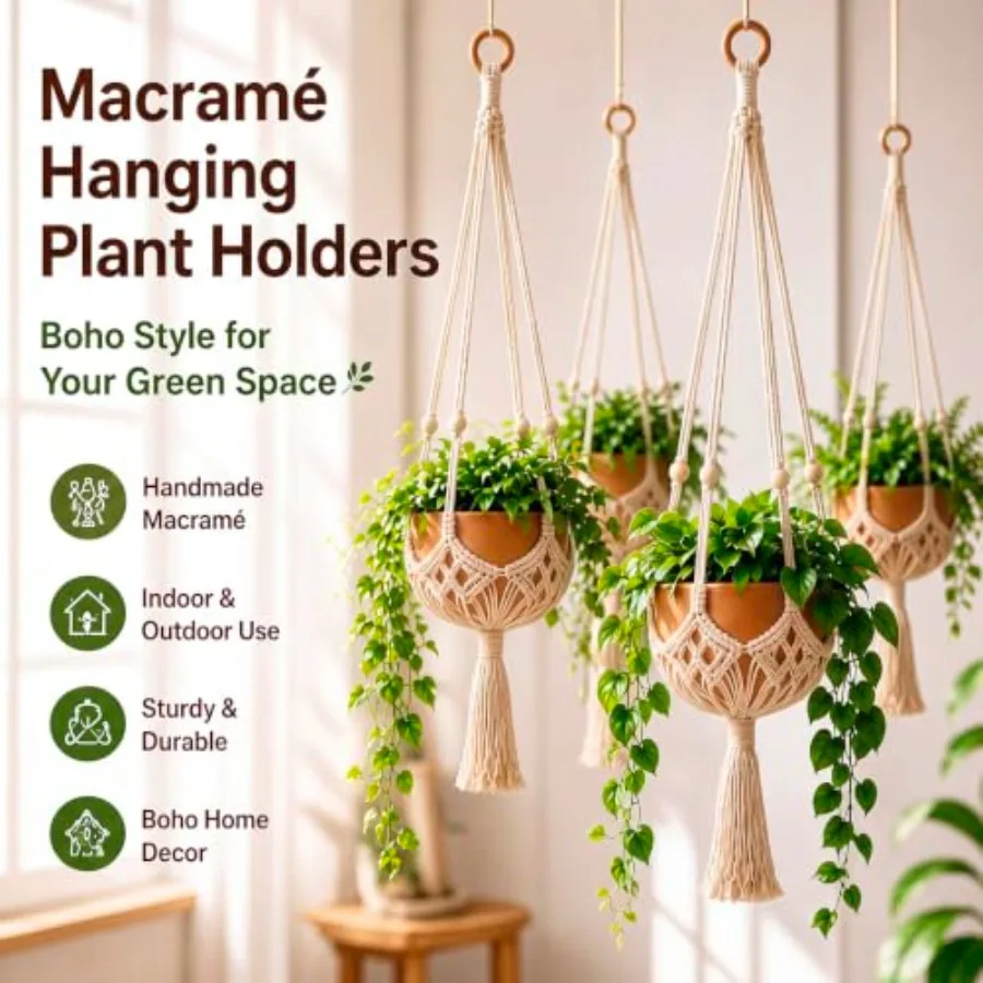 1 Pack Boho Macrame Plant Hanger, Large Hanging Planter Plant Holder Pot Hanger Hanging Basket Wall Planters, Plants Lover Gift