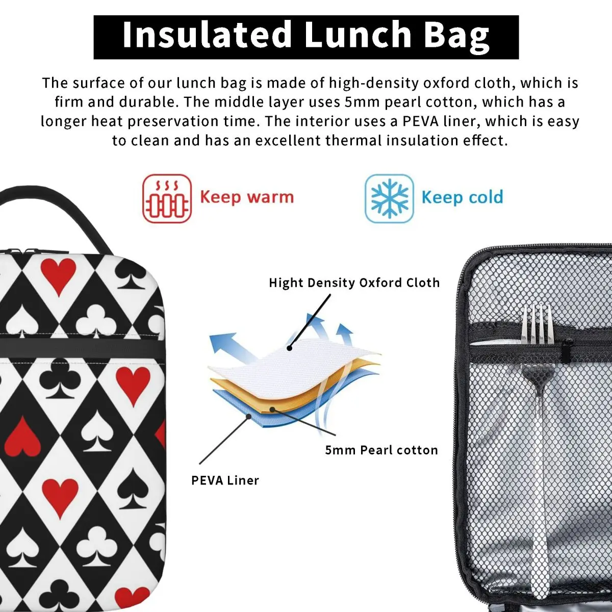 Playing Cards Suit Symbols Insulated Lunch Bag for Women Kids Leakproof Food Boxes Thermal Lunch Box Tote