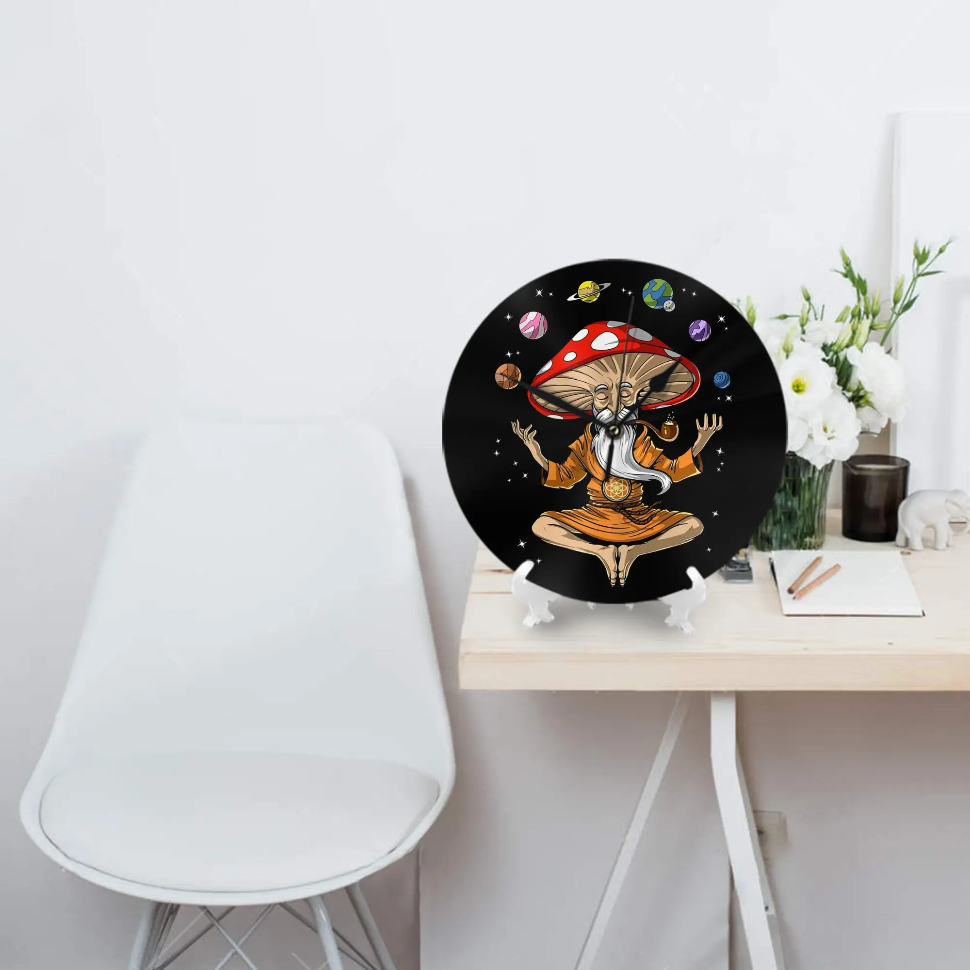 Magic Mushroom Buddha Wall Clock Room Decoration Silent Round Clock for Bedroom Living Kitchen Home
