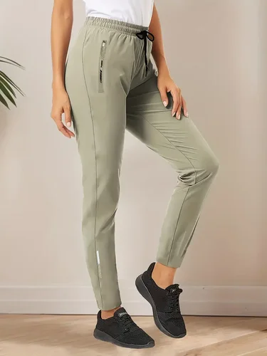 Imagen 2 del producto Pantalones casuales de fibra de hielo de alta elasticidad para mujer de secado rápido con bolsillos con cremallera cintura con cordón ajustable ligero