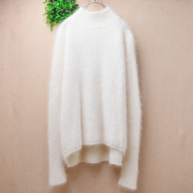 

Ladies Women Autumn Winter Clothing Fashion Beige Hairy Angora Rabbit Hair Knitted Turtleneck Long Sleeve Loose Pullover Sweater