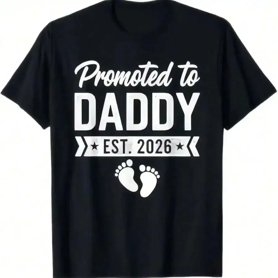 Men's 100% Cotton Promoted To Daddy EST.2026 Graphic T-Shirt - New Dad Gift With Footprints & Hearts Design, Soft Breathable Cas