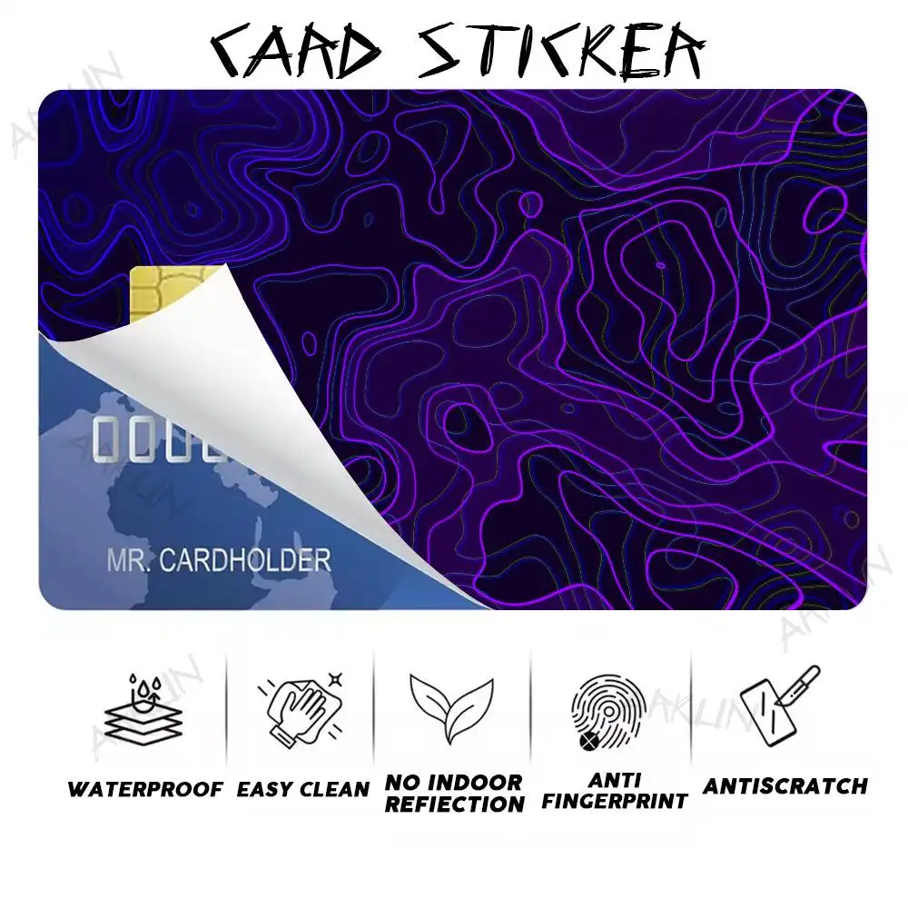 Neon Topographic Map Card Skin Sticker, Purple Blue Contour Line Abstract Removable Scratch‑Resistant Cover Sticker
