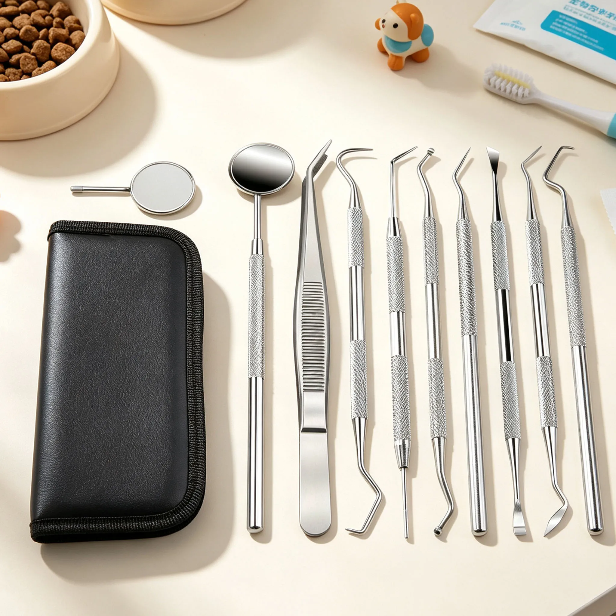 Stainless Steel Dental Cleaning Kit, Dental Tools, with Leather Storage Bag, Tongue Brush and Tongue Coating Cleaning Tool, Pet Dental Cleaning Tool, Reusable, Easy to Carry, Suitable for Outdoor Picnics, Camping, Travel, and Daily Use