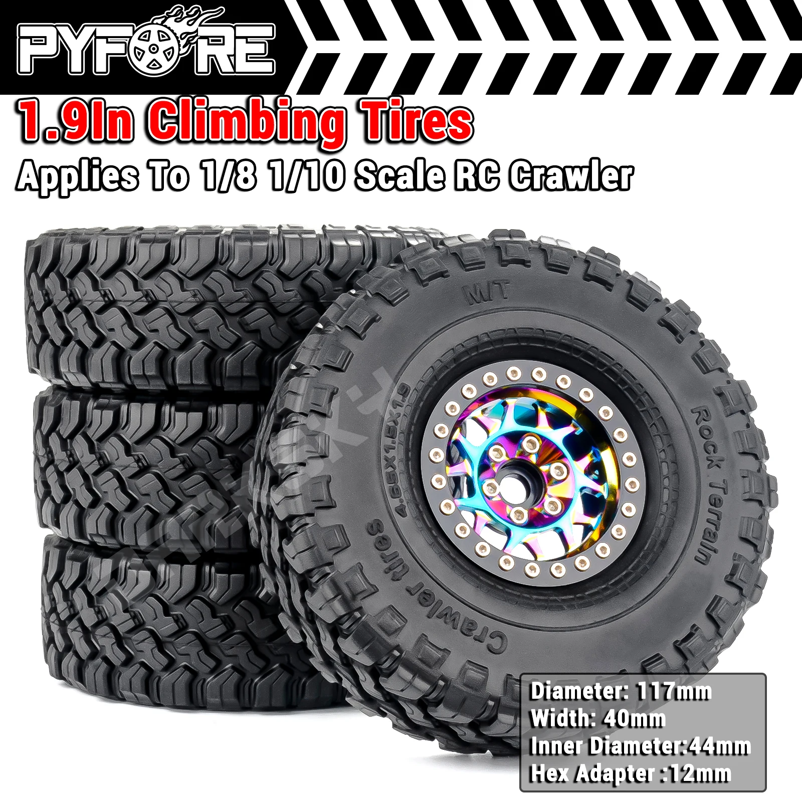 

PYFORE 1,9 дюйма альпинистские шины, металлическая ступица колеса 117x40 мм, шестигранный адаптер 12 мм для 1/10, радиоуправляемая модель автомобиля, аксессуары для гусеничных машин