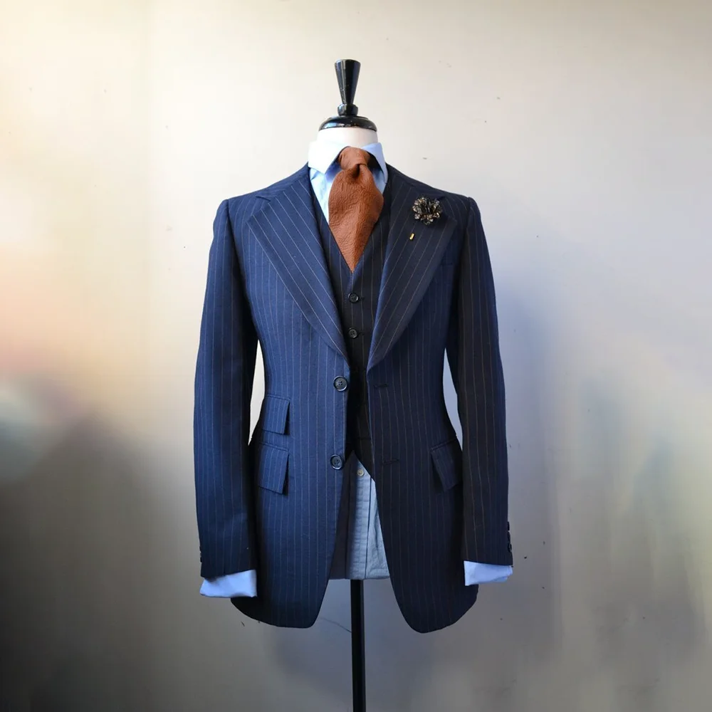 

New Arrive 3 Pieces Men's Suits Jacket Pants Vest Stylish Single Breasted Business Formal Occasion Male Blue Stripe Blazer Set