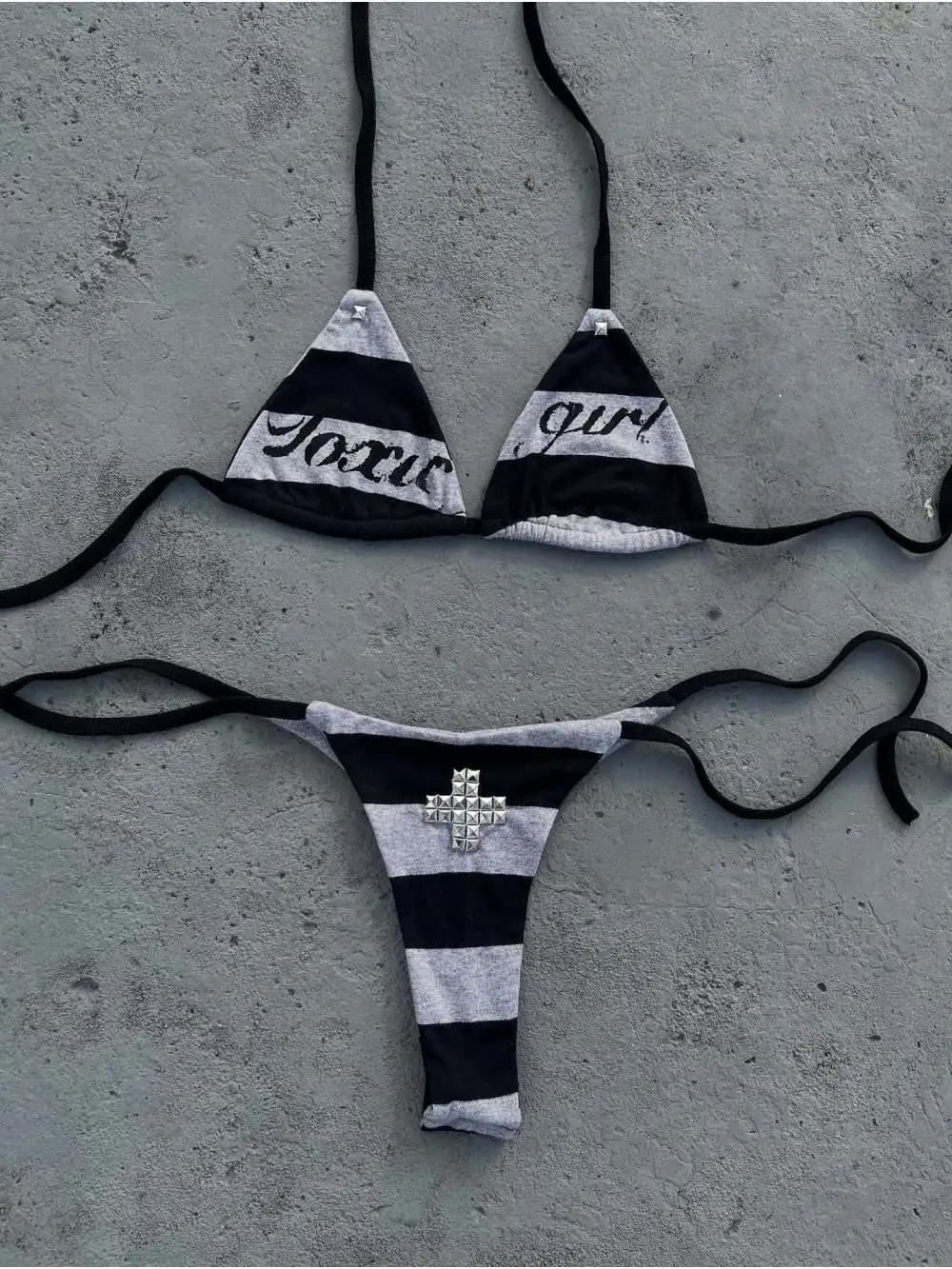 2026 New Summer Punk Street Trendy Striped Rivet Bikini Letter Printed Strap Split Swimsuit Sexy Fashion Personality Beach Y2K - Image 2