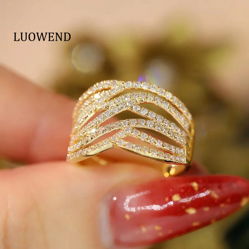 LUOWEND 18K Yellow Gold Rings Fashion Elegant Design 0.90carat Real Natural Diamond Engagement Ring for Women High Party Jewelry