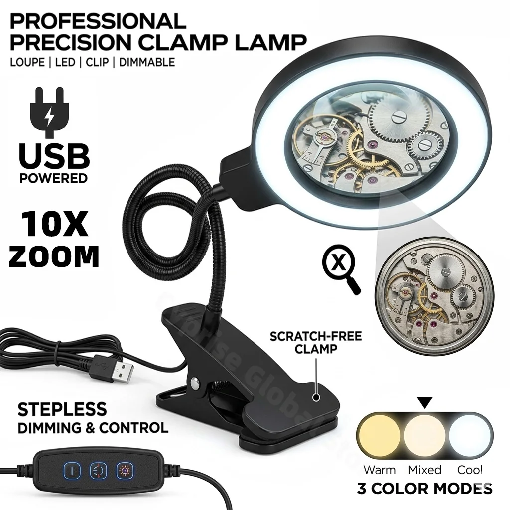 LED Magnifying Glass Lamp with Clamp Flexible Gooseneck USB Desk Light 3 Light Modes Dimmable Loupe Magnifier for Reading Craft