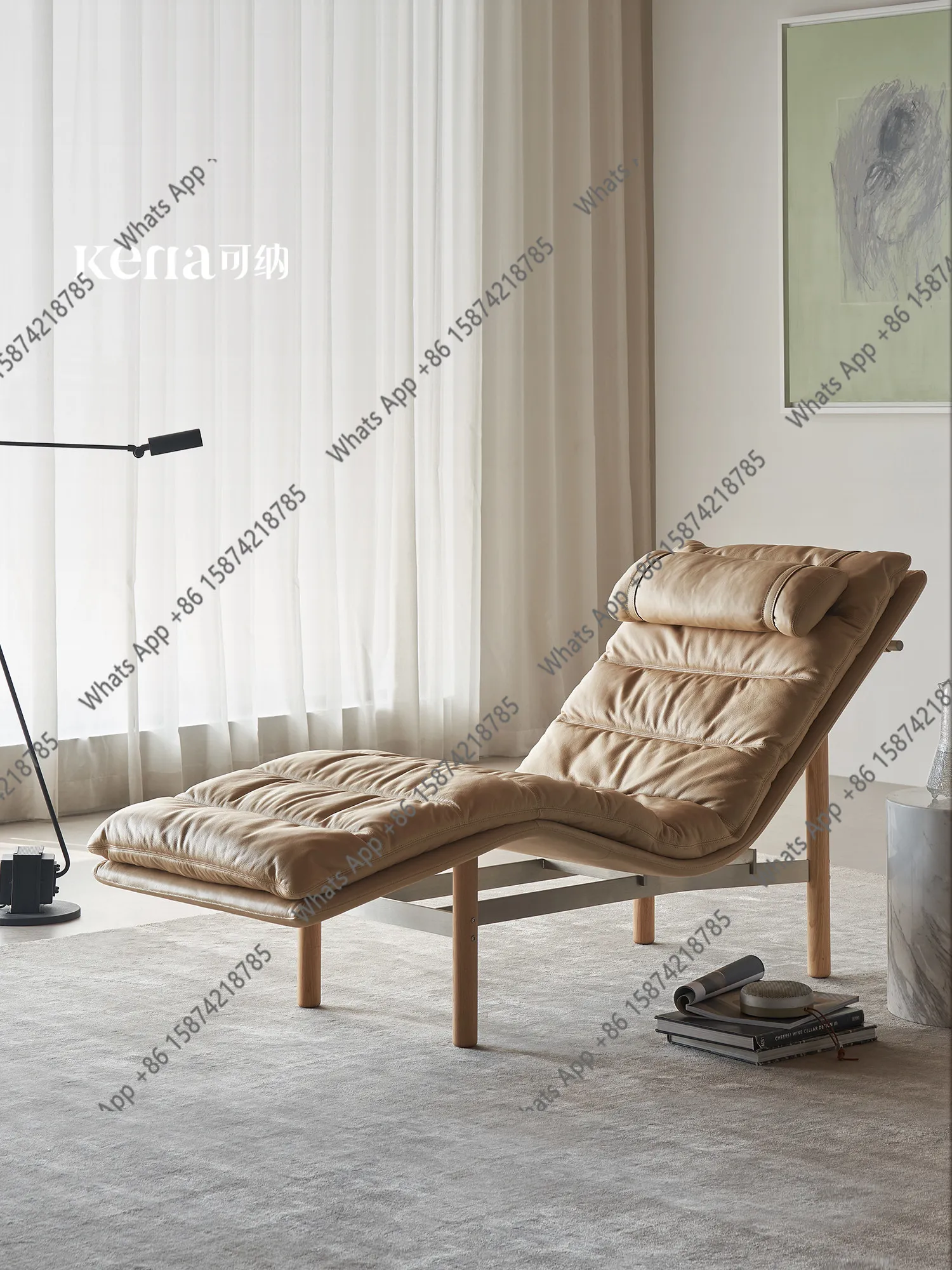 Recliner leisure living room leather down solid wood soft bag all green leather balcony sofa single chair