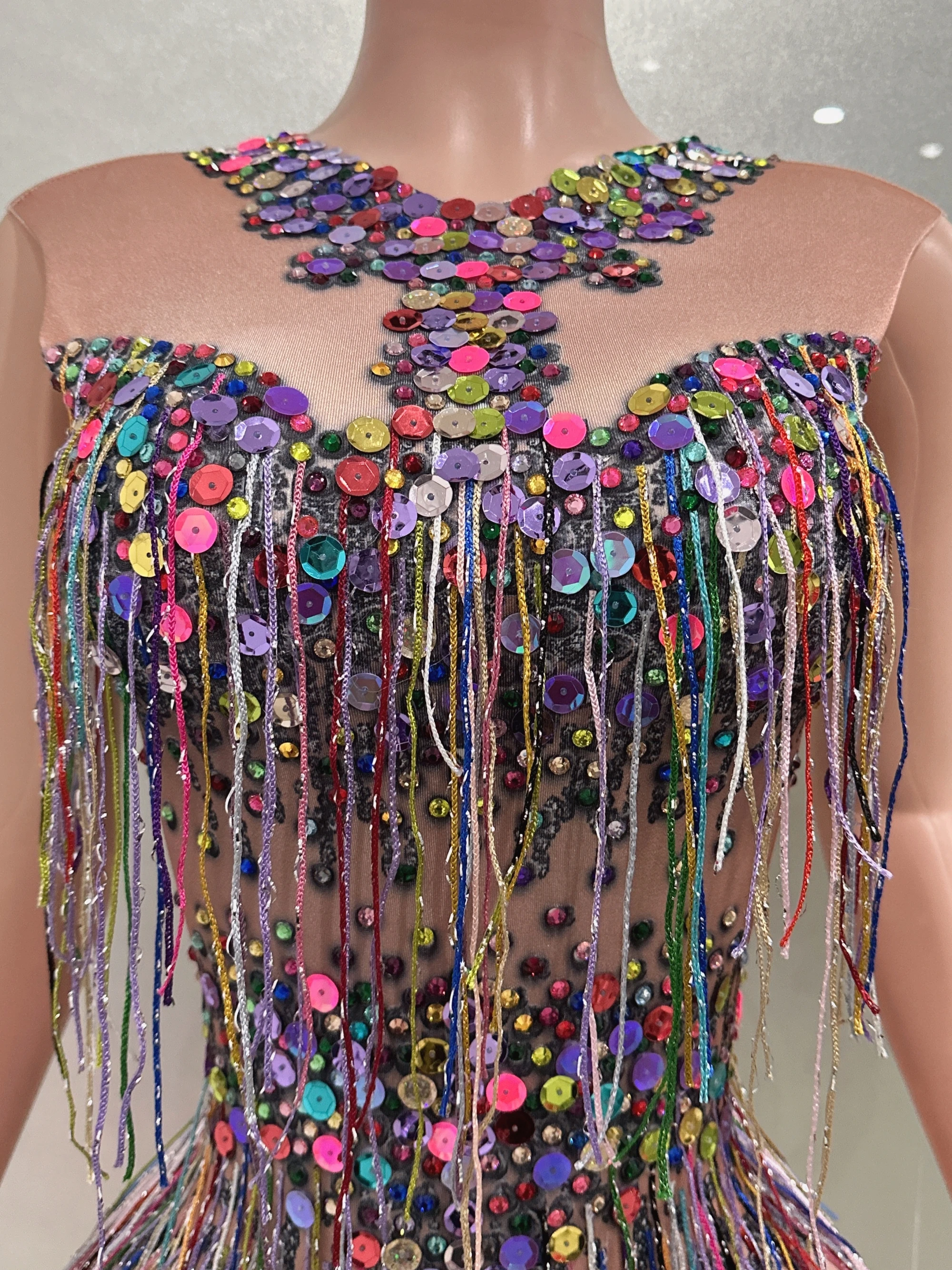 Colorful Tassels Sequins Sexy Sleeveless Sheath Bodysuit Evening Party Nightclub Dancer Perfprmance Costume Stage Wear