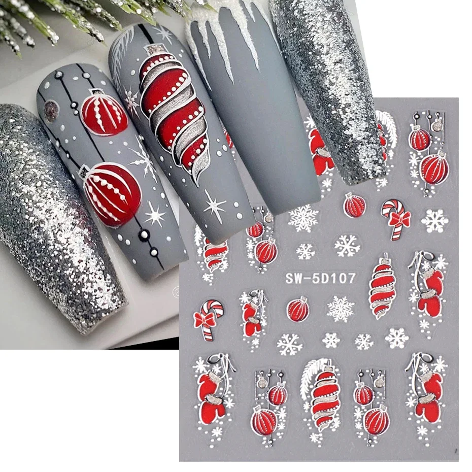 5D Christmas Jingle Bell Nail Art Stickers Winter Reflective Glitter Gloves Lantern Embossed Sliders Snowflakes Manicure Decals