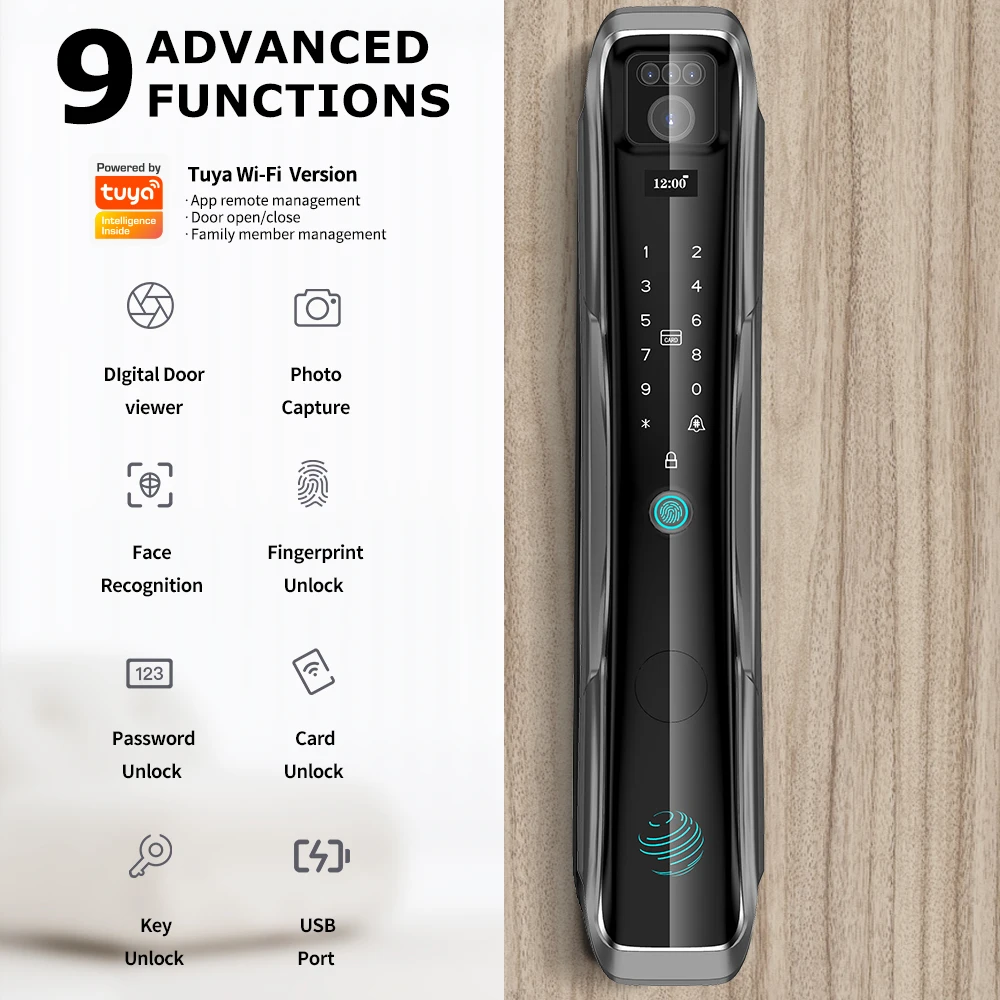 Smart Home 3D Face ID Recognition Full Automatic Security Door Lock TUYA APP Keyless Digital Fingerprint Password Card Key