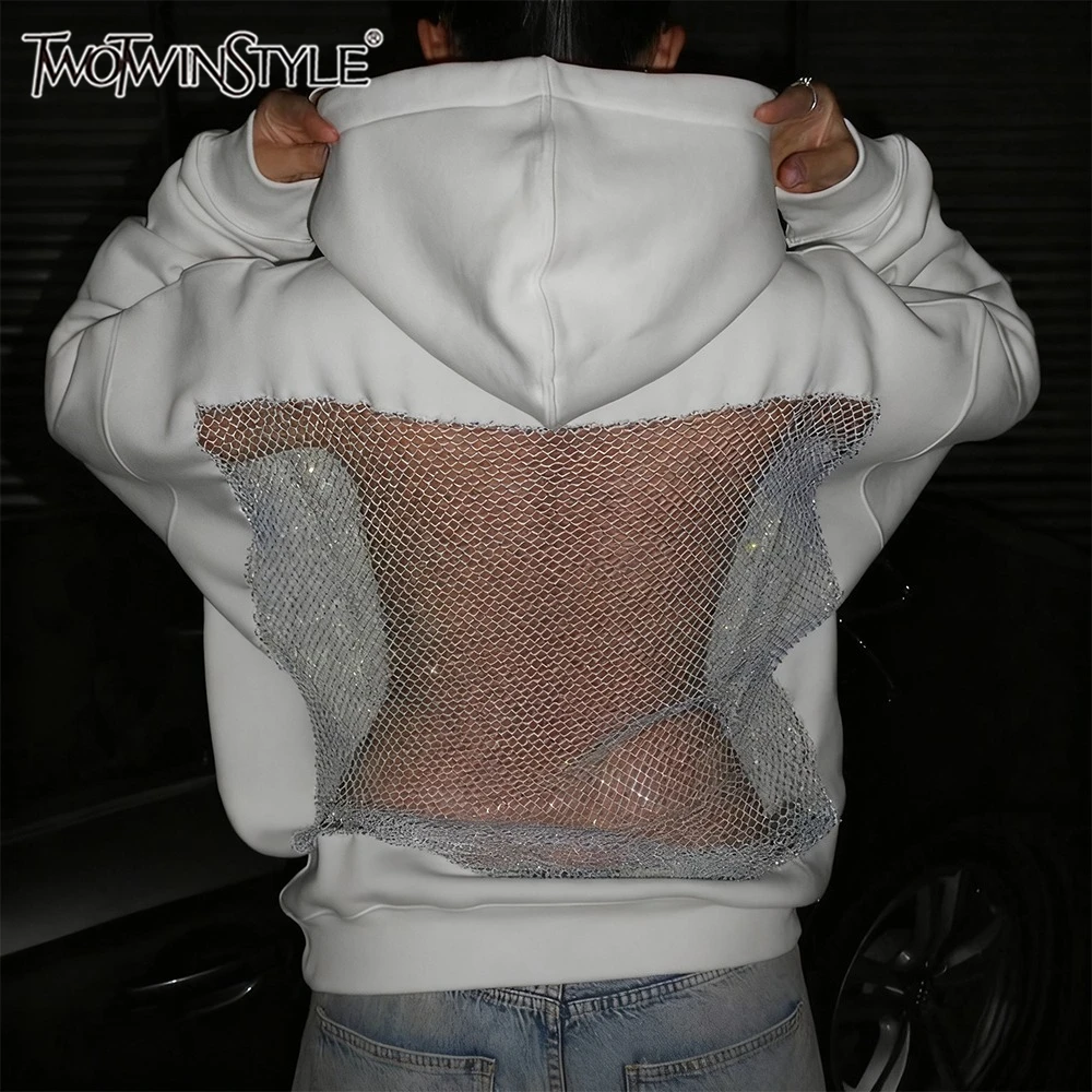 

TWOTWINSTYLE Casual Hooded Sweatshirt for Women Long Sleeve Spliced Back Hollow American Style Pullovers with Rhinestones Female