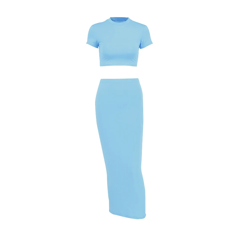 Solid Sexy Tees Skirt Two Piece Set Summer New Women Short Sleeve O-Neck Crop Top High Waist Skirt Fashion Casual Slim Lady Suit