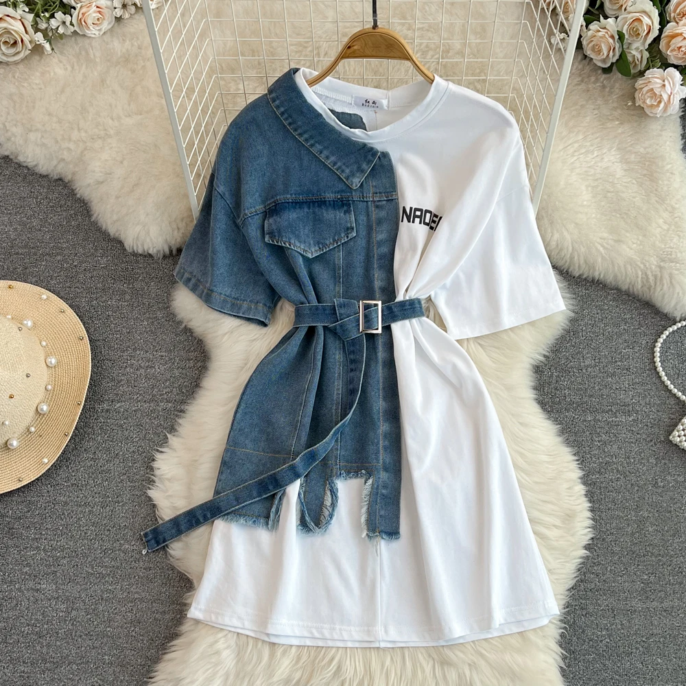 2023 Summer Retro Korean Style Waist Wrap with Belt Round Neck Colored Denim Shirt Spring New Chic Casual Mid Length Top