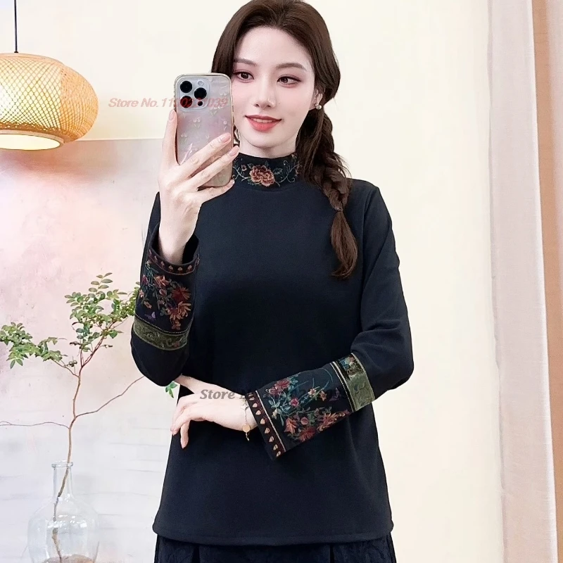 

2025 chinese vintage shirt traditional flower embroidered stand collar shirt retro fleece lined shirt oriental ethnic base shirt