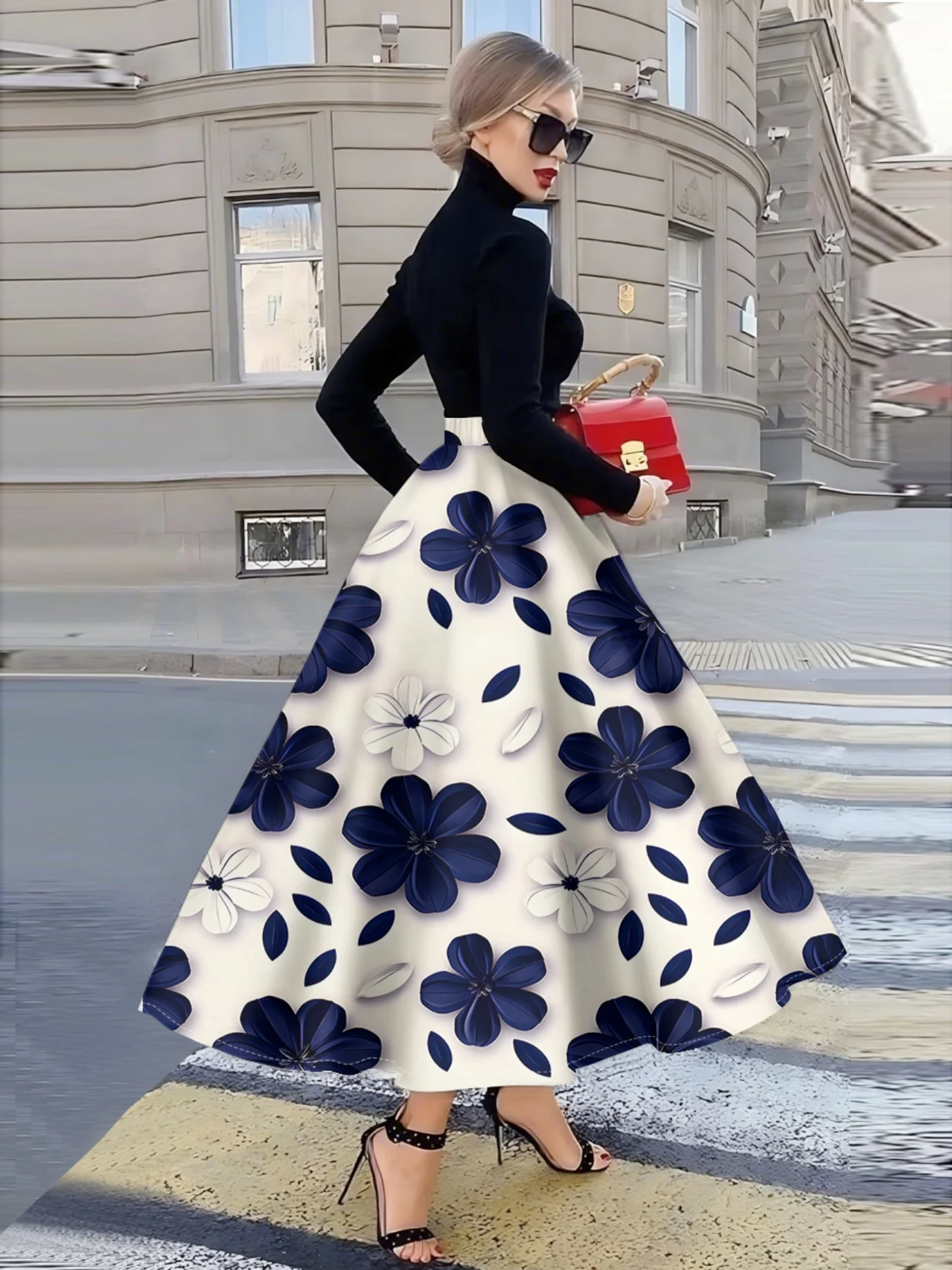 Printed Design suitable for all four seasons Blue White Floral Pattern Print vacation style elegant style Women's Skirt