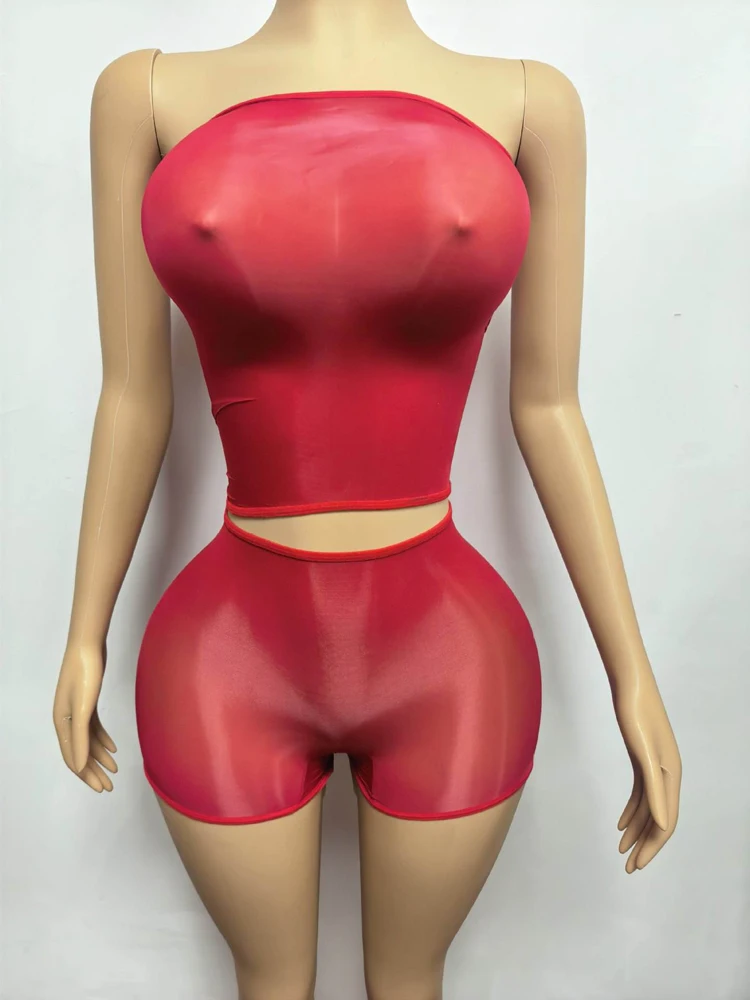 2026 Damen Boutique Trendige Mode 2-teilige Sets Heiße Sexy Trägerlose Mesh Crop Tops Mini Shorts Set Mitternachts-Party Club Outfits – Detail 12