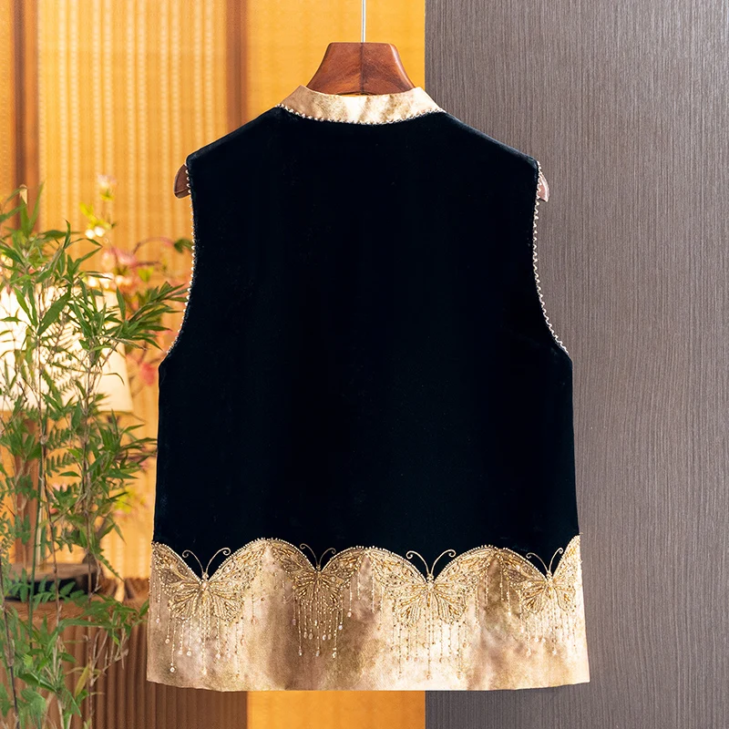 New Chinese-Style Silk Velvet Butterfly Beaded Fashion Vest for Women, 2026 Autumn New Product, National Style Trendy Vest