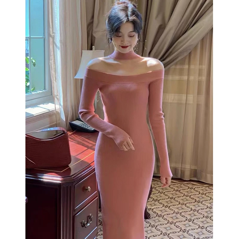 

Sexy Women's Long Dresses Hanging Neck Knitted Dress 2023 Autumn Winter Slim Sweater Womens Dress