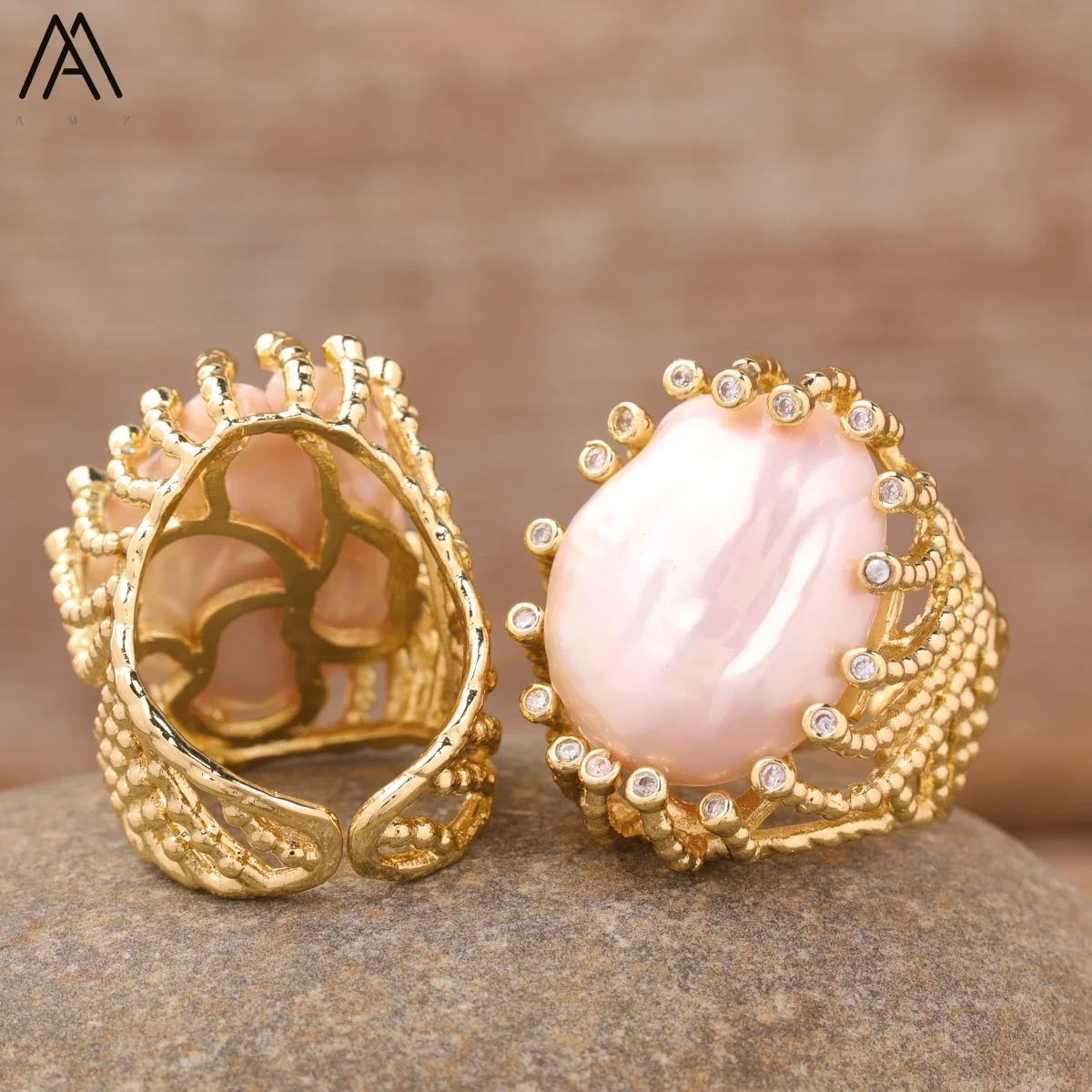 Verlobungsring mit natürlicher Perle, vergoldet, verstellbarer Ring, modisches Zirkonia-Set, exquisiter Schmuck, Geschenk, romantischer Damenring – Detail 3