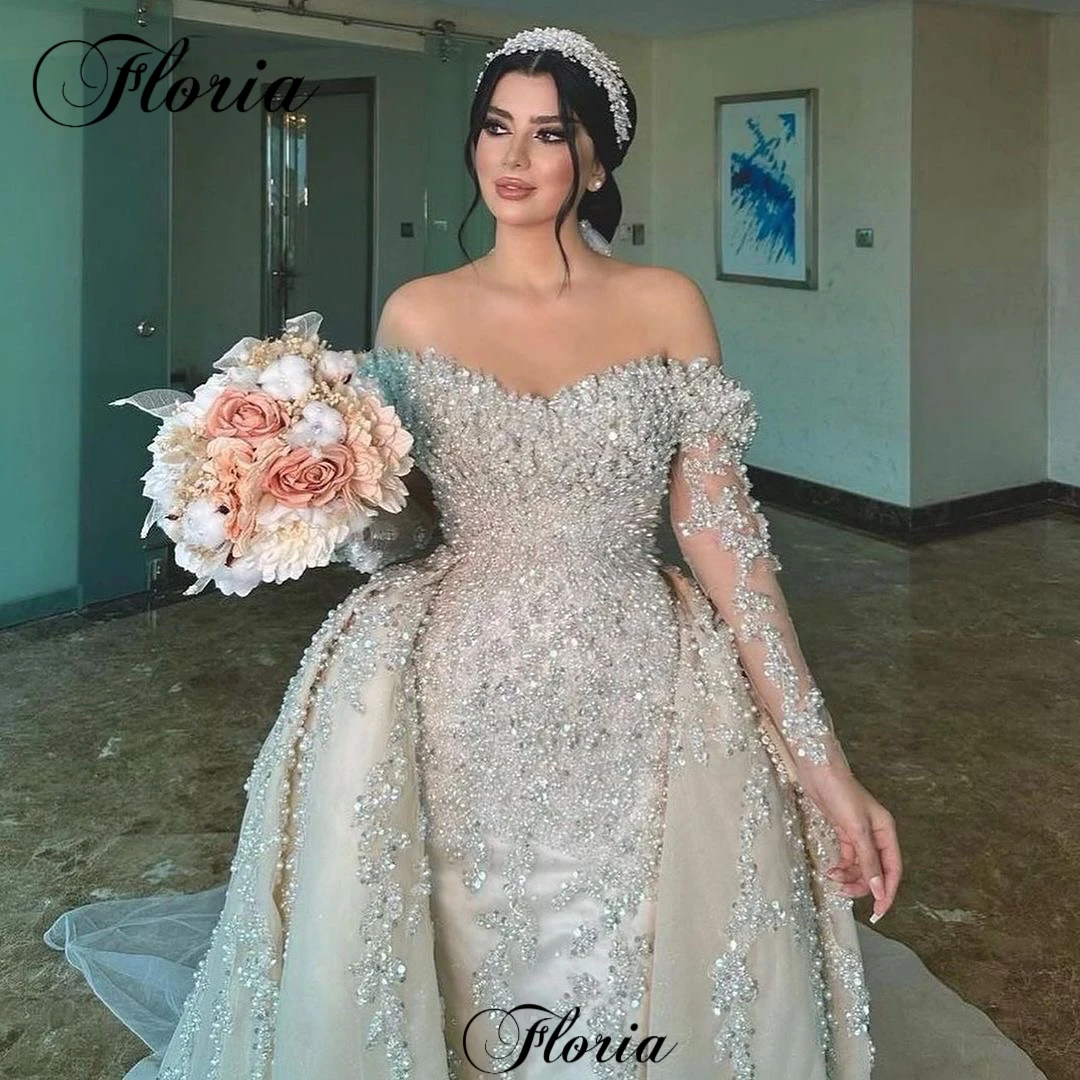 2025 Luxury Wedding Dresses With Detachable Train Off Shoulder Long Sleeves Wedding Gowns With Pearls Vestido Blanco Bridal Gown