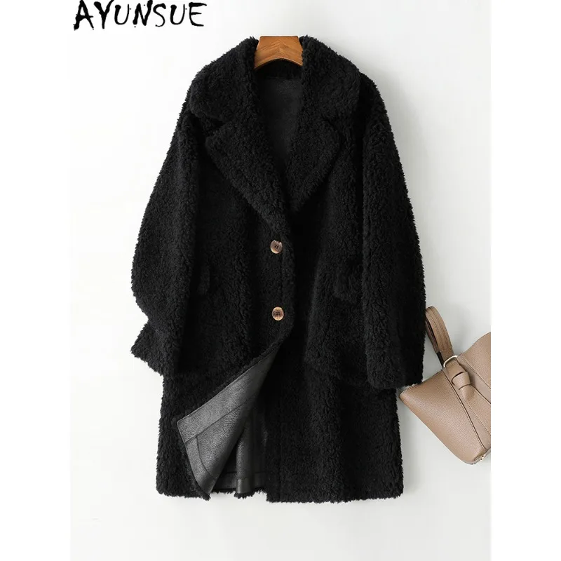 AYUNSUE 100%天然ウールコート 女性用 2025年 女性用冬コート ミドル丈ラムウールコート 女性用衣料 女性用服