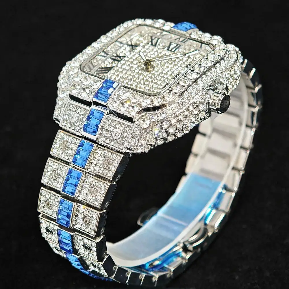 Fashion Watch For Men Brand UNIGUET Luxury Square Iced Out Quartz Watch Man Hip Hop Blue Diamond Jewelry Wristwatch Reloj Hombre