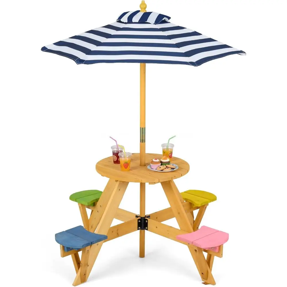 

4-Person Wooden Picnic Table Set for Toddlers with Adjustable Umbrella, Outdoor Furniture for Kids, Patio Lawn Garden