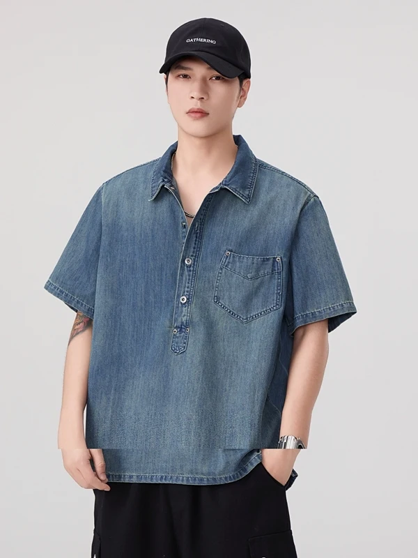 

Высококачественная джинсовая рубашка в американском ретро-стиле с коротким рукавом для мужчин, летняя, тонкая, универсальная, с капюшоном, модная, свободного кроя, из хлопка...