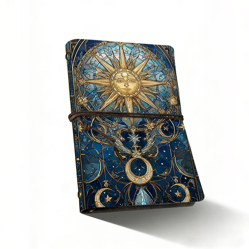 Vintage Celestial Sun Moon Journal Notebook, A6 PU Leather Travel Diary with Starry Sky Pattern,Witchy Grimoire Diary Office
