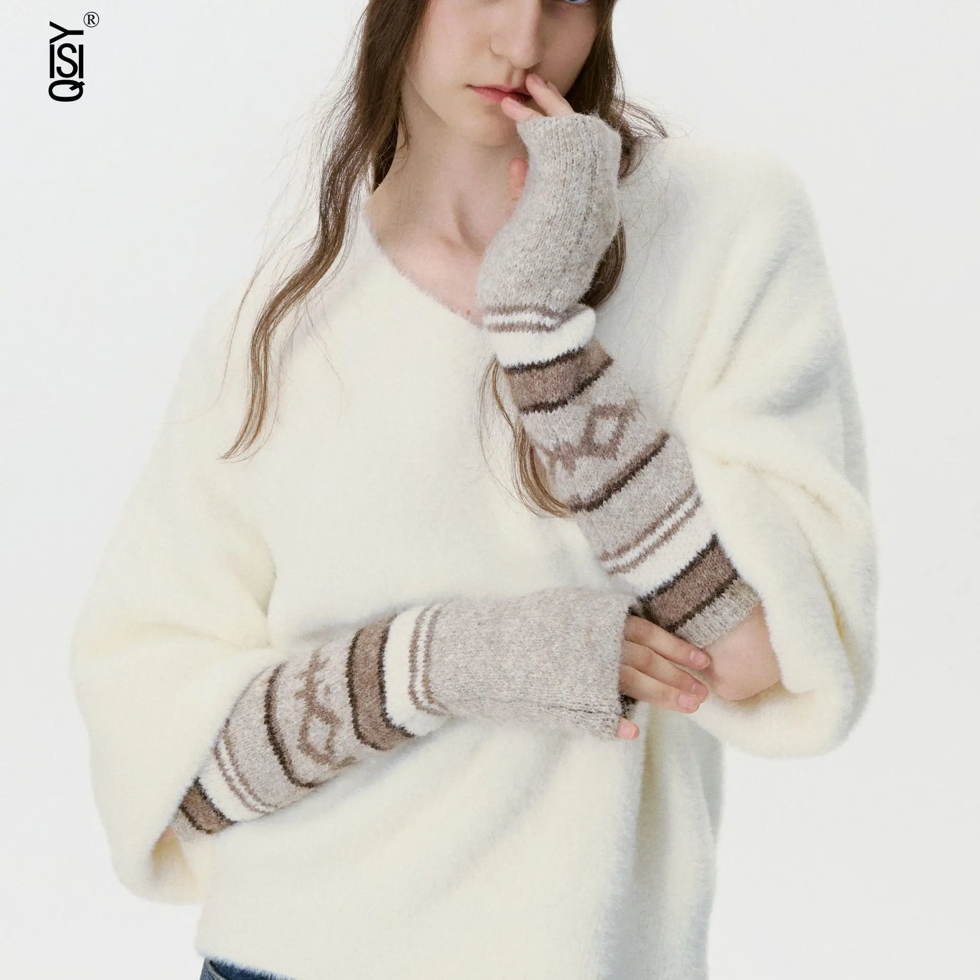 قبعة وأغطية للأكمام من قماش الجاكار الكوري القديم، قبعة وقفازات نسائية شتوية من الصوف المحبوك من قماش الجاكار