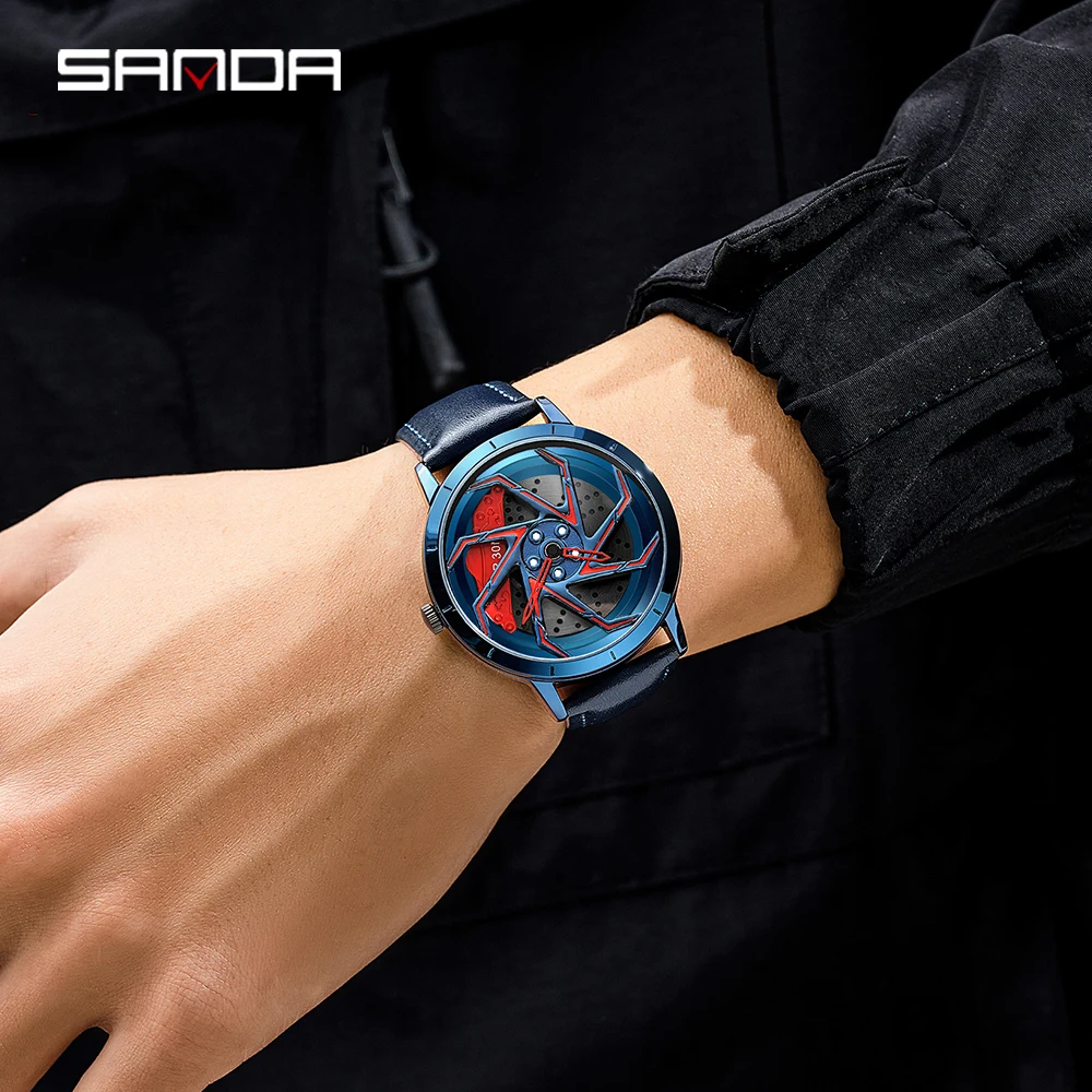 SANDA Hot‑Sell Men's Fashion Watch, 360° Rotating Car Rim Dial, Stainless Steel Waterproof Sport Quartz Wristwatch