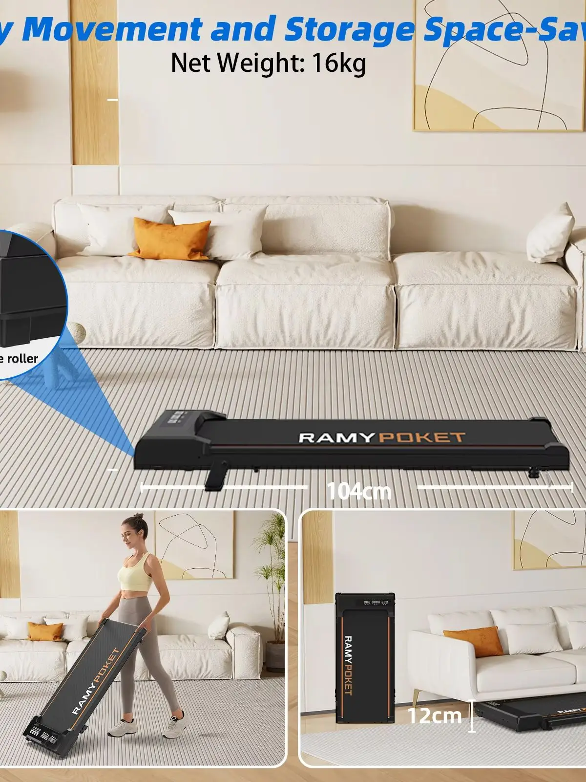 Ramypoket Faltbares Walking Pad 15% Steigung, Laufband 12Km/H, App/LED, Büro-Walking Pad 150kg Maximale Belastung
