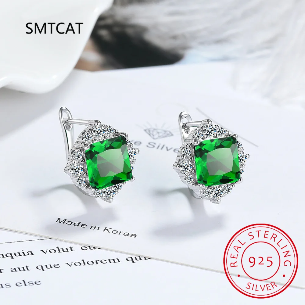 

Square 1.1ct Green Simulated Nano Emerald 925 Sterling Silver Hoop Earring for Women Statement Gemstone Wedding Jewelry Huggies