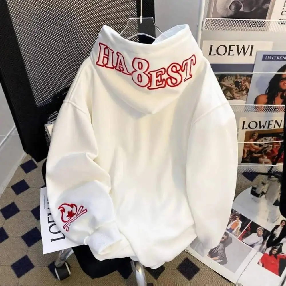 

American High Street Vibe Embroidered Hoodie Jacket Men Women Spring Autumn Winter Thin Fleece Lined Thickened Trendy Top