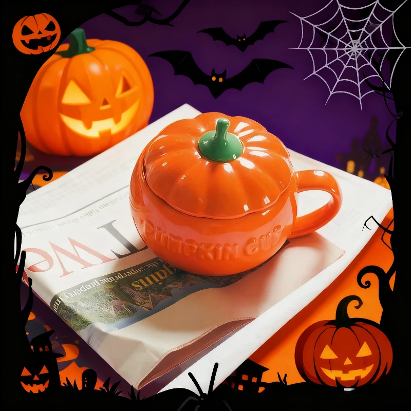 Ceramic Pumpkin Cup Thermos Cup with Lid Exquisite Breakfast Oatmeal Heat-Insulating Scalding-Proof Milk Mug Halloween Gift Cup