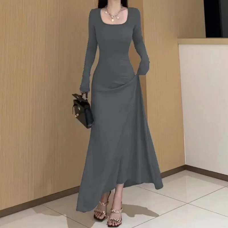 Women Square Neck Long Sleeve Maxi Dress Slim Fit Solid Knit Bodycon Floor Length Dress