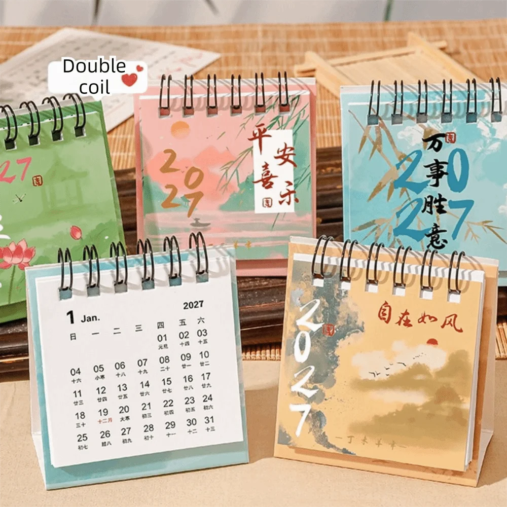 Metal Coil 2027 Desktop Calendar Paper Standing Design Standing Flip Calendar Flip Page Monthly Schedule Spiral Desk Calendar