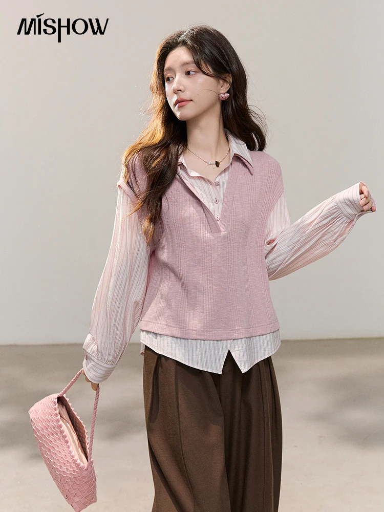

MISHOW Women's Pink Fake Two Piece Striped Blouse Lapel Lantern Sleeve Textured Casual Shirt Spring Autumn Wear MXF14X2543