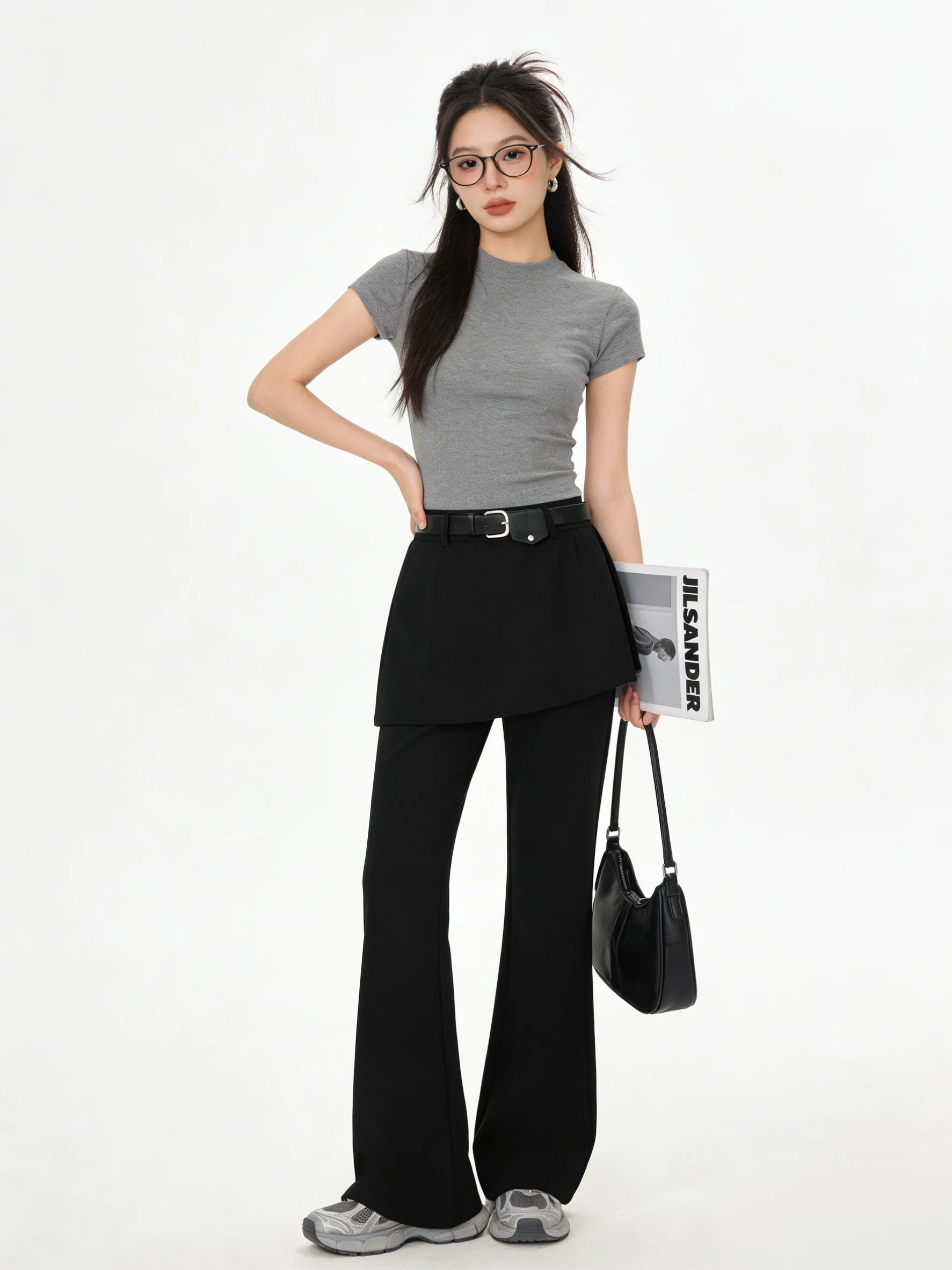 

Брюки с высокой талией, визуально стройнящие, с эффектом двухслойности, микро-клеш, черные, в стиле пэчворк, корейский стиль, повседневные, для офиса