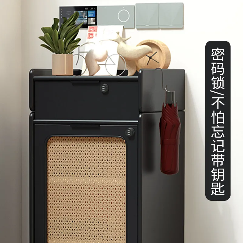 Pure solid wood shoe cabinet multi-functional with password lock retro black small apartment dust-proof and space-saving door