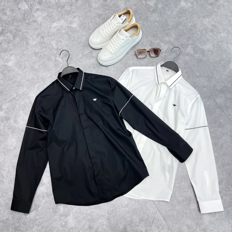 

Busin Casual Bee Embroidery Slim Fit irt Collared Long Sve Cotton Blend Men's Faion Spring Autumn Youth Versatile