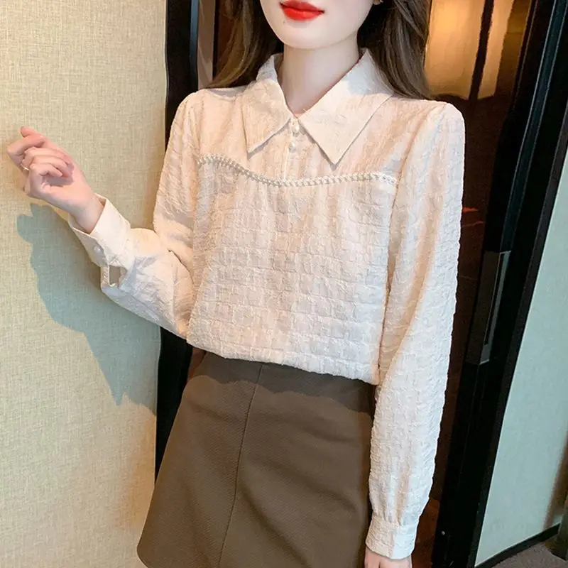 Simplicity Autumn Winter Women Solid Peter Pan Collar Patchwork Button Korean Fashion Long Sleeve Loose Pullovers Shirts Tops