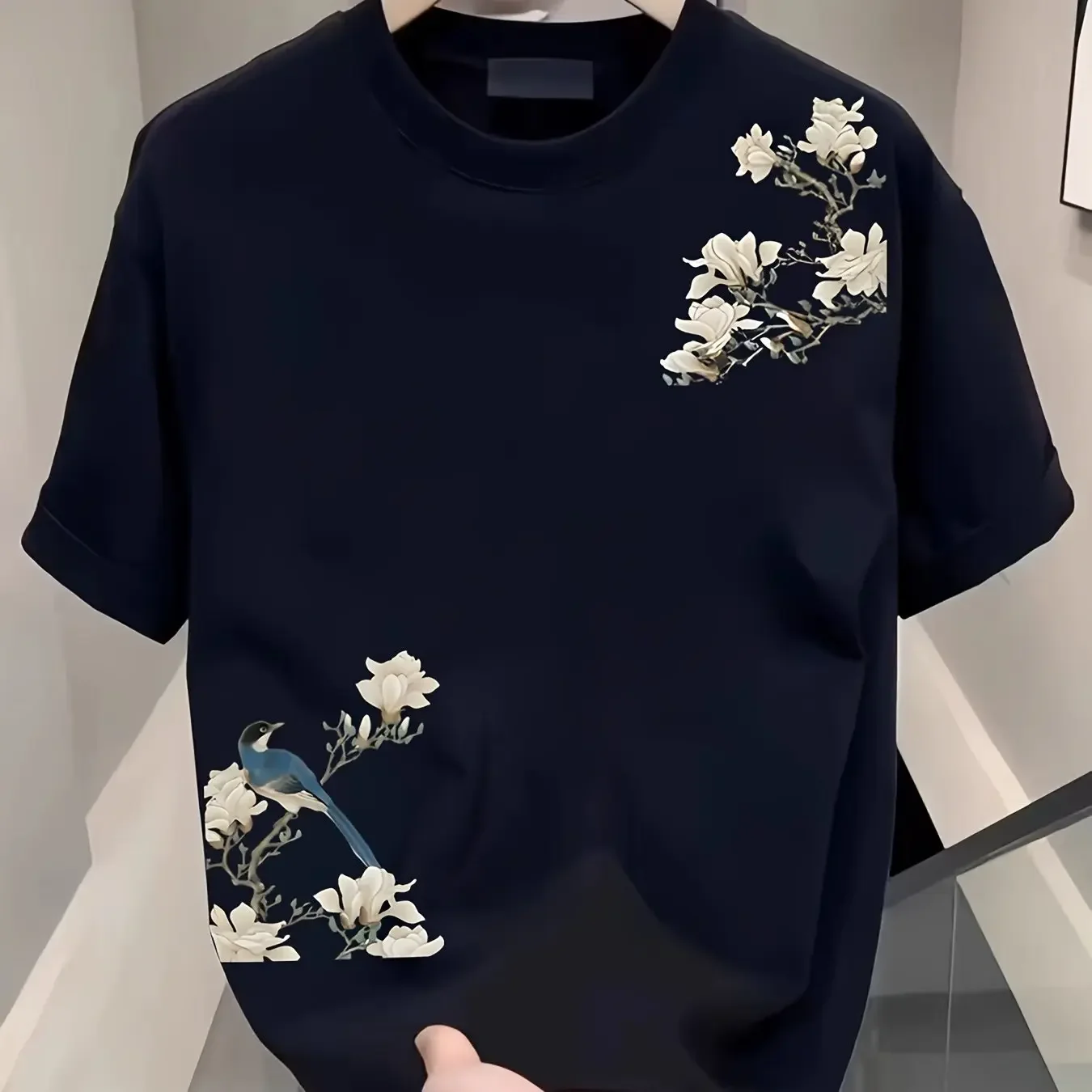 2026 Oversized T-Shirt Men Chinese Style Flower & Bird Graphic Vintage Navy Blue Soft Cotton Streetwear