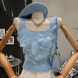 Temperament French Elegance Celebrity Bead Three-dimensional Flower Knitted Sling Vest Women's Summer Sexy Short Top